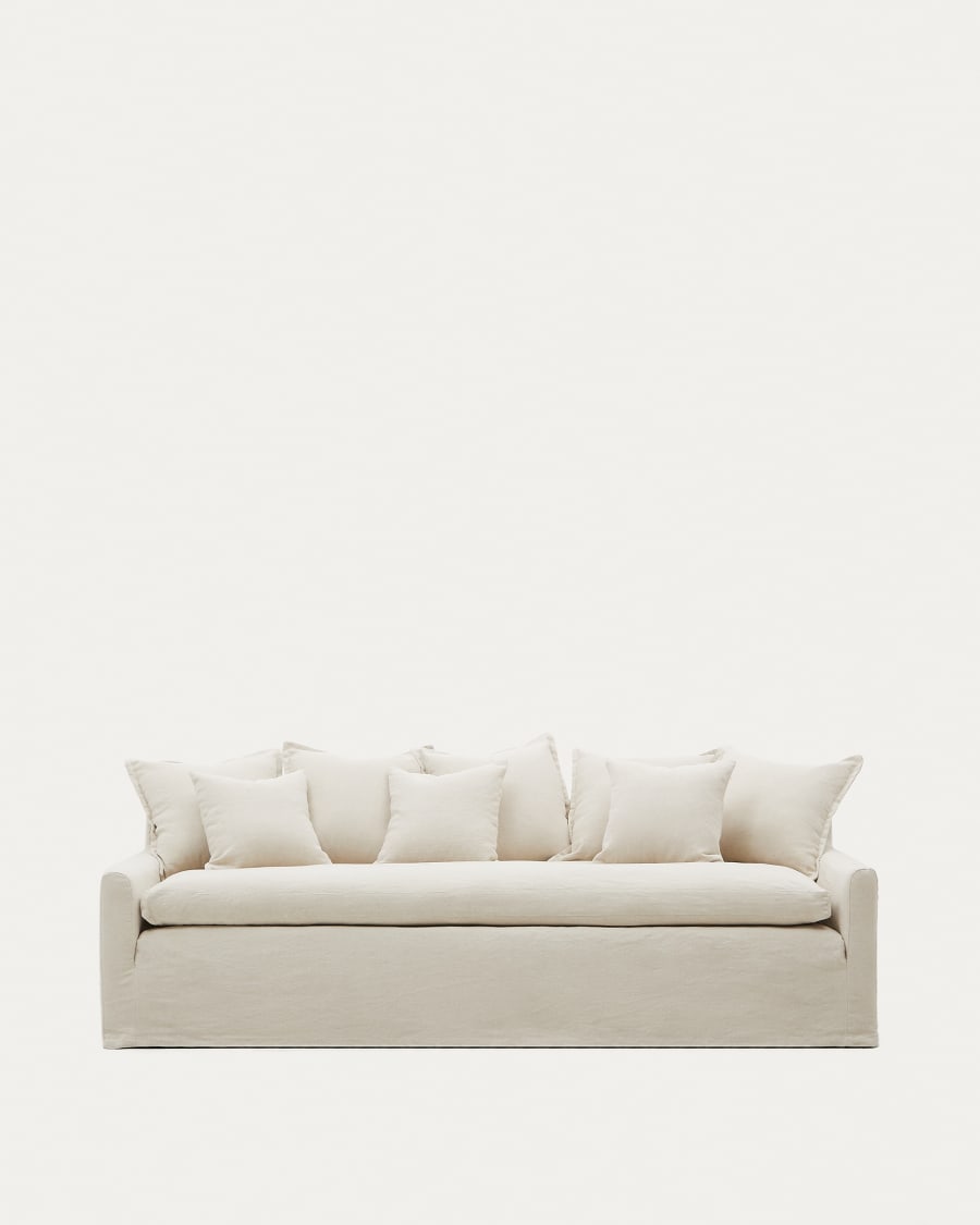 Zenira sofa with removable cover and beige cotton and linen cushions, 230 cm