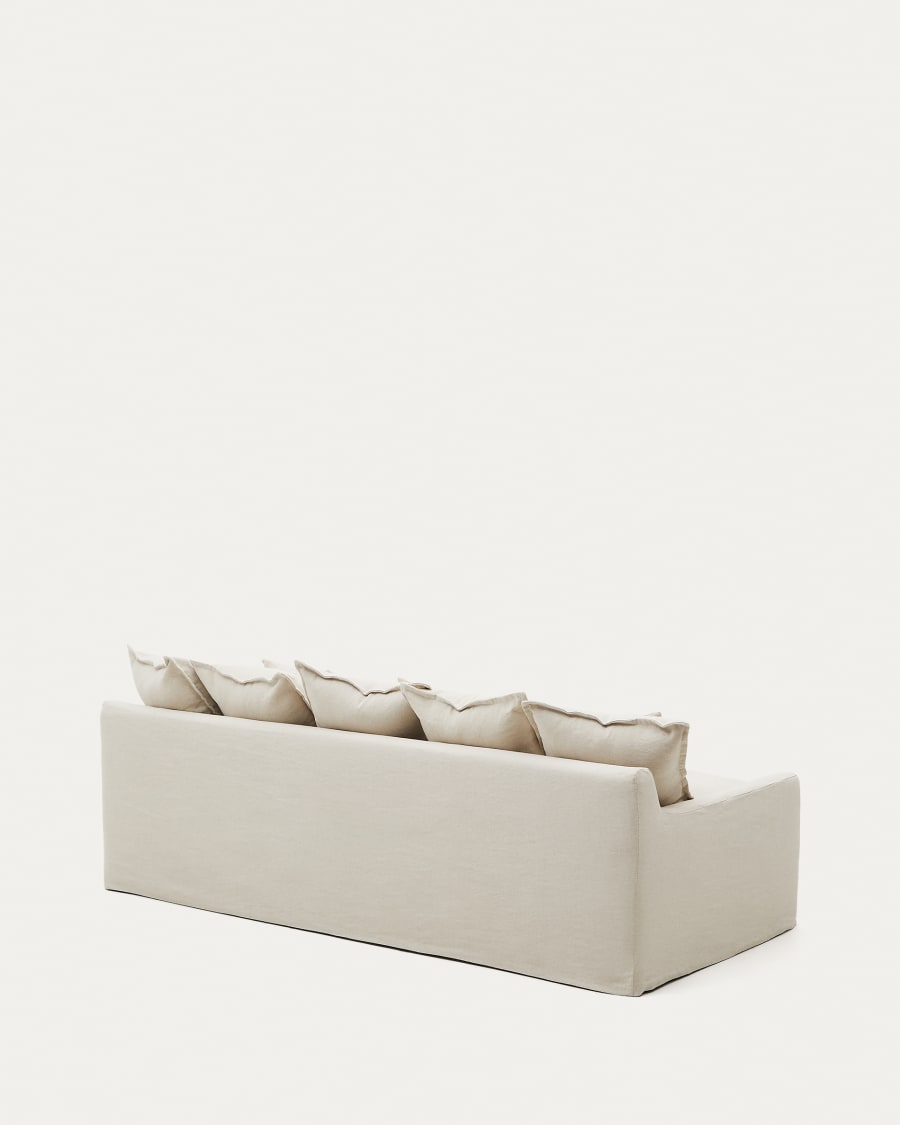 Zenira sofa with removable cover and beige cotton and linen cushions, 230 cm