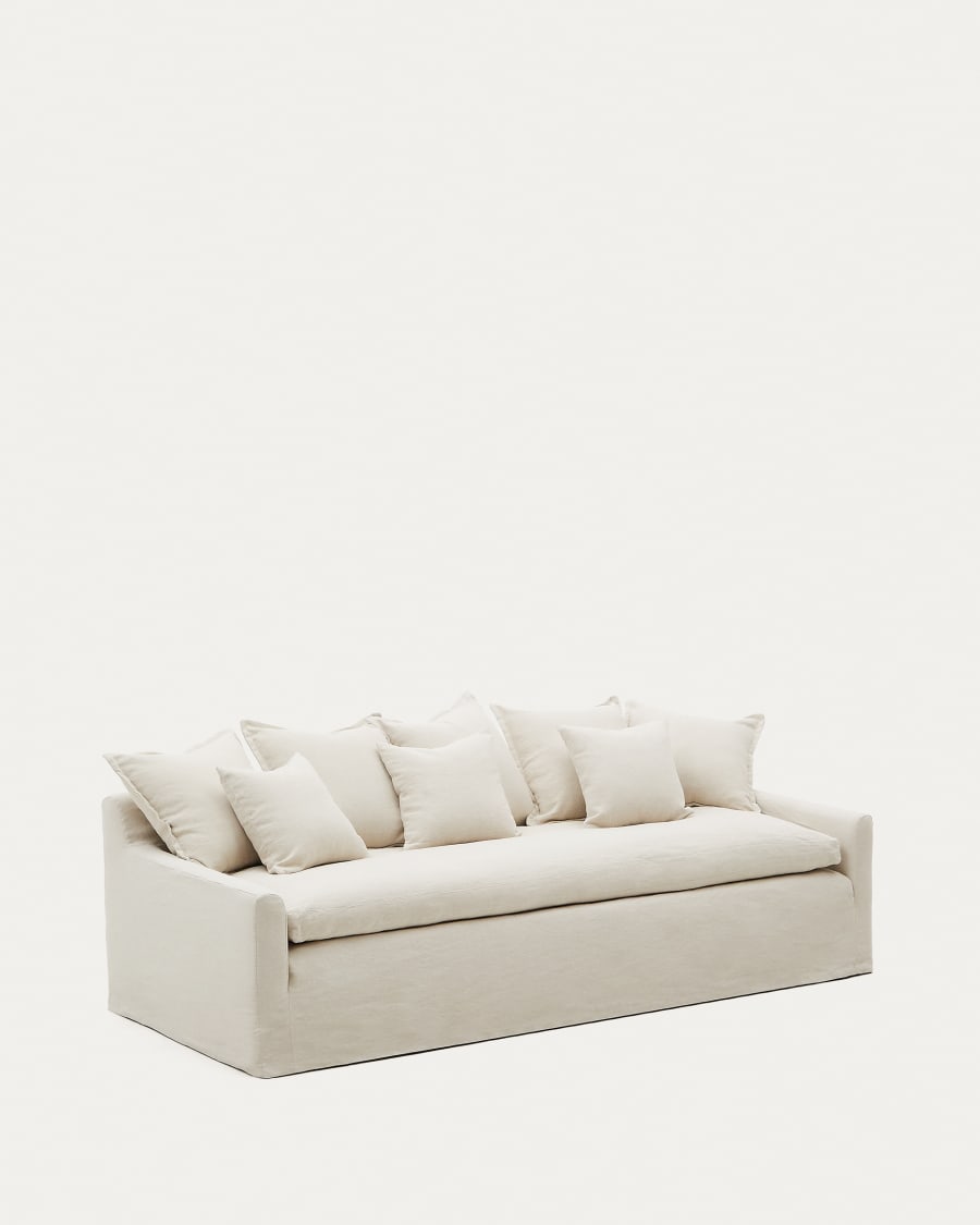 Zenira sofa with removable cover and beige cotton and linen cushions, 230 cm