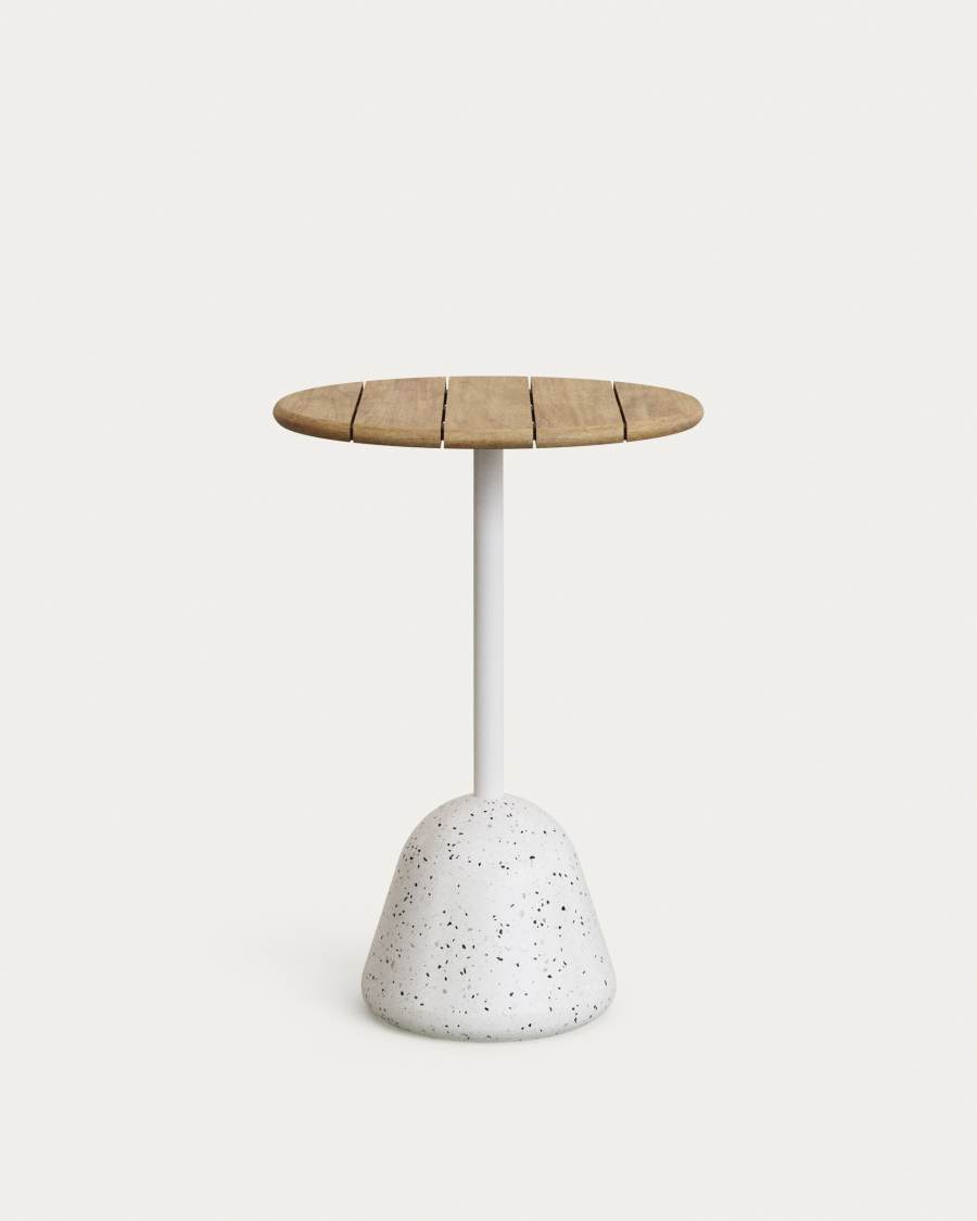 Saura high bar table with white terrazzo base and natural finish acacia top Ø70x99cm
