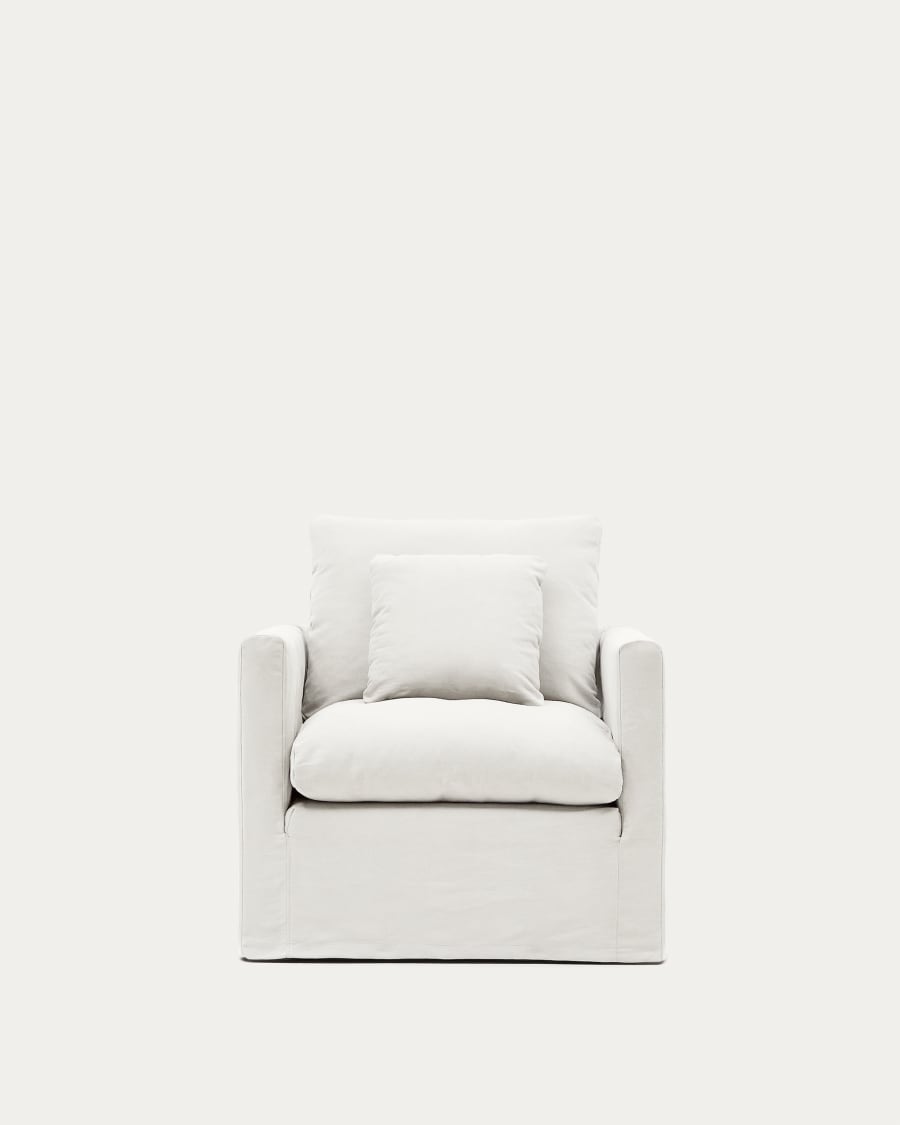 Nora armchair with a removable cover and ecru linen and cotton cushion 92 cm