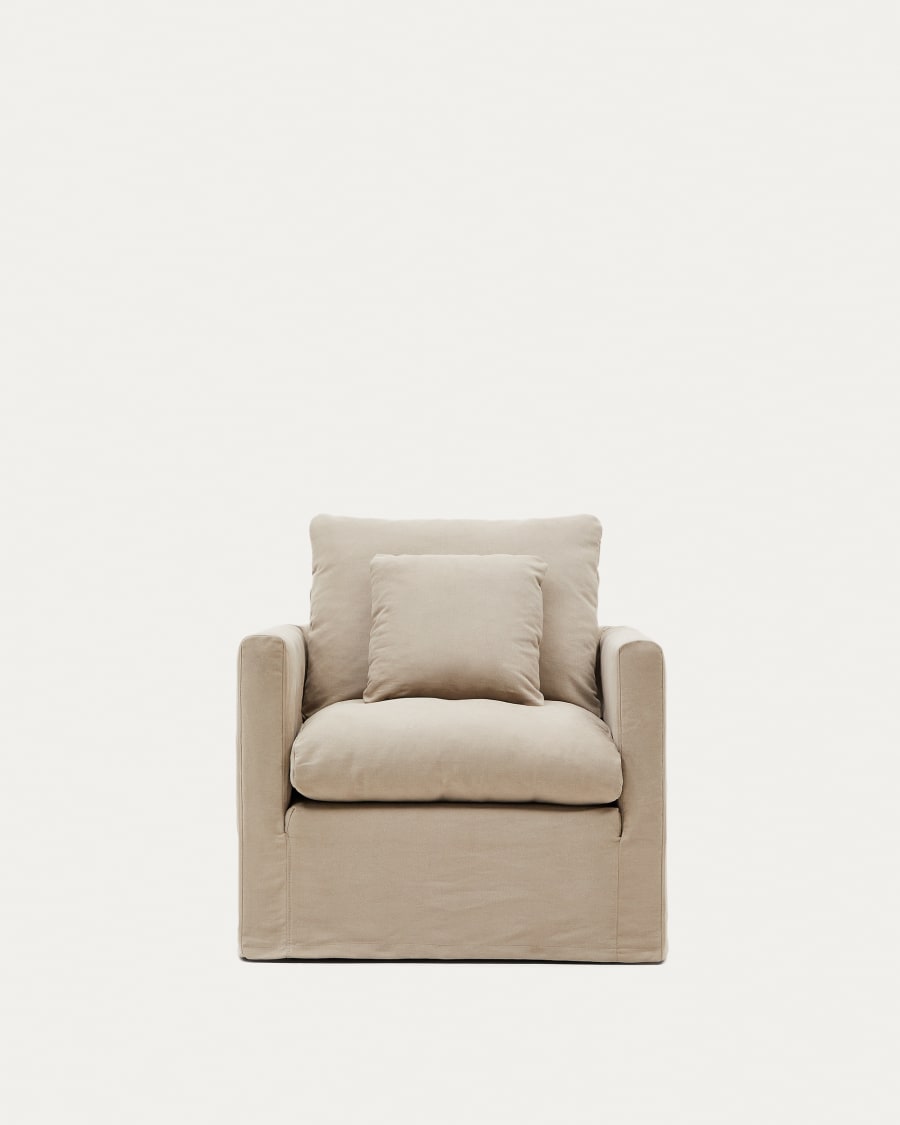Nora armchair with a removable cover and taupe linen and cotton cushion 92 cm