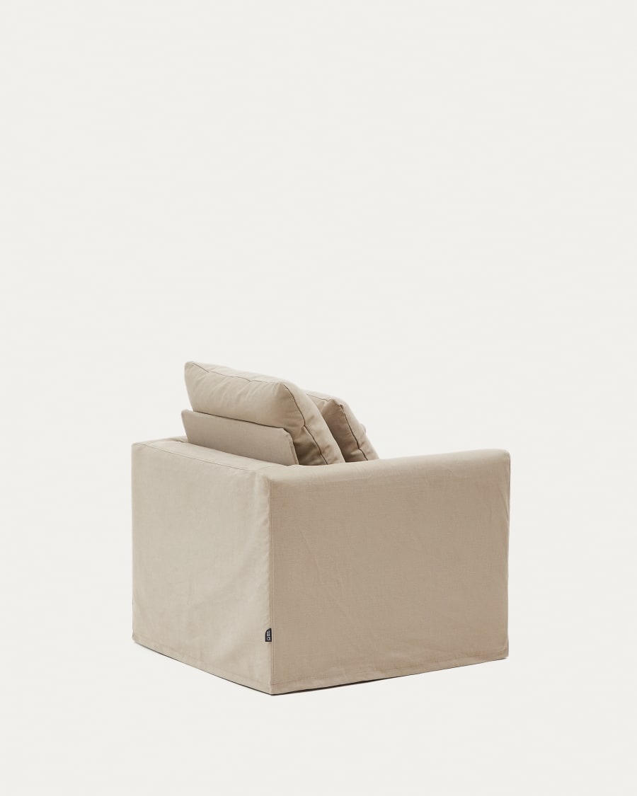 Nora armchair with a removable cover and taupe linen and cotton cushion 92 cm