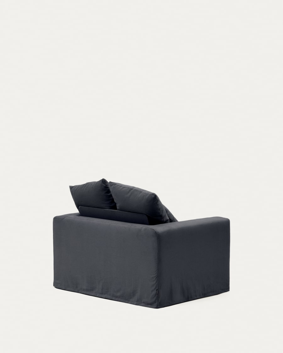 Nora armchair with a removable cover and grey anthracite linen and cotton cushion 140 cm