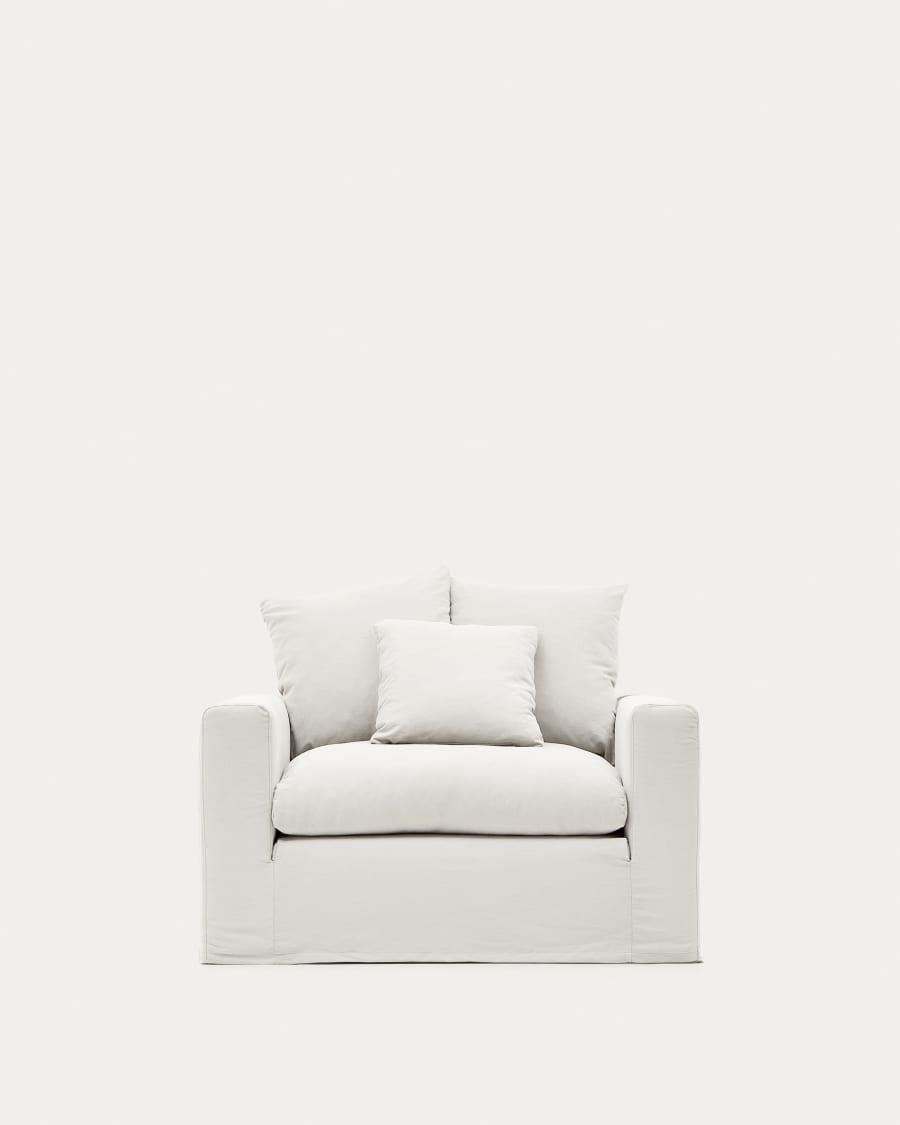 Nora armchair with a removable cover and ecru linen and cotton cushion 140 cm
