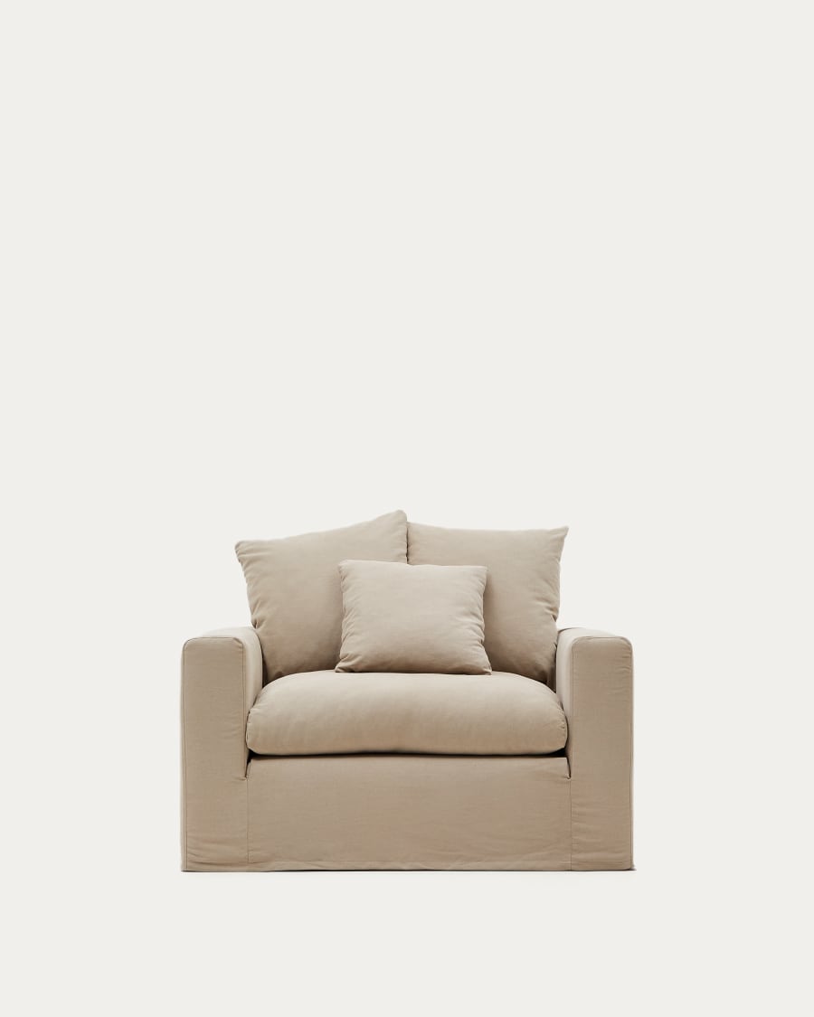 Nora armchair with a removable cover and taupe linen and cotton cushion 140 cm