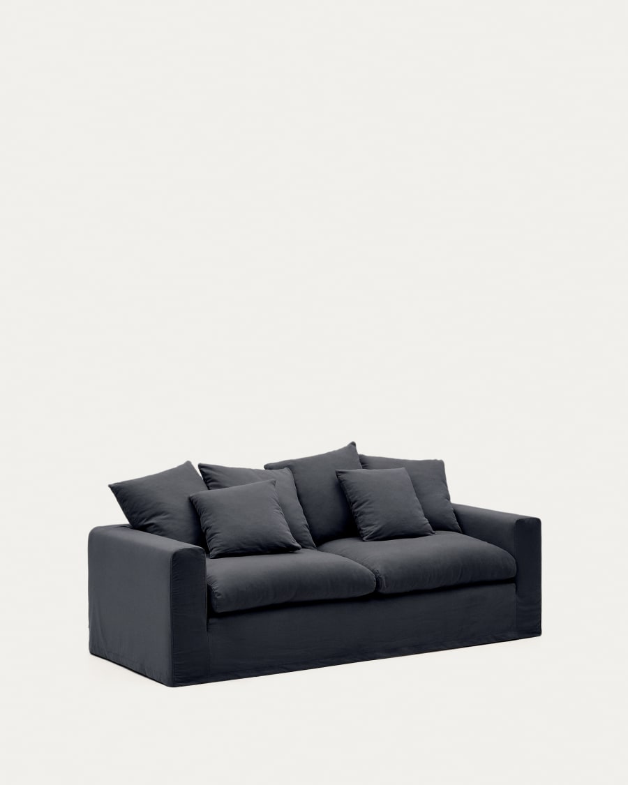 Nora 3-seater sofa with a removable cover and grey anthracite linen and cotton cushions 240 cm