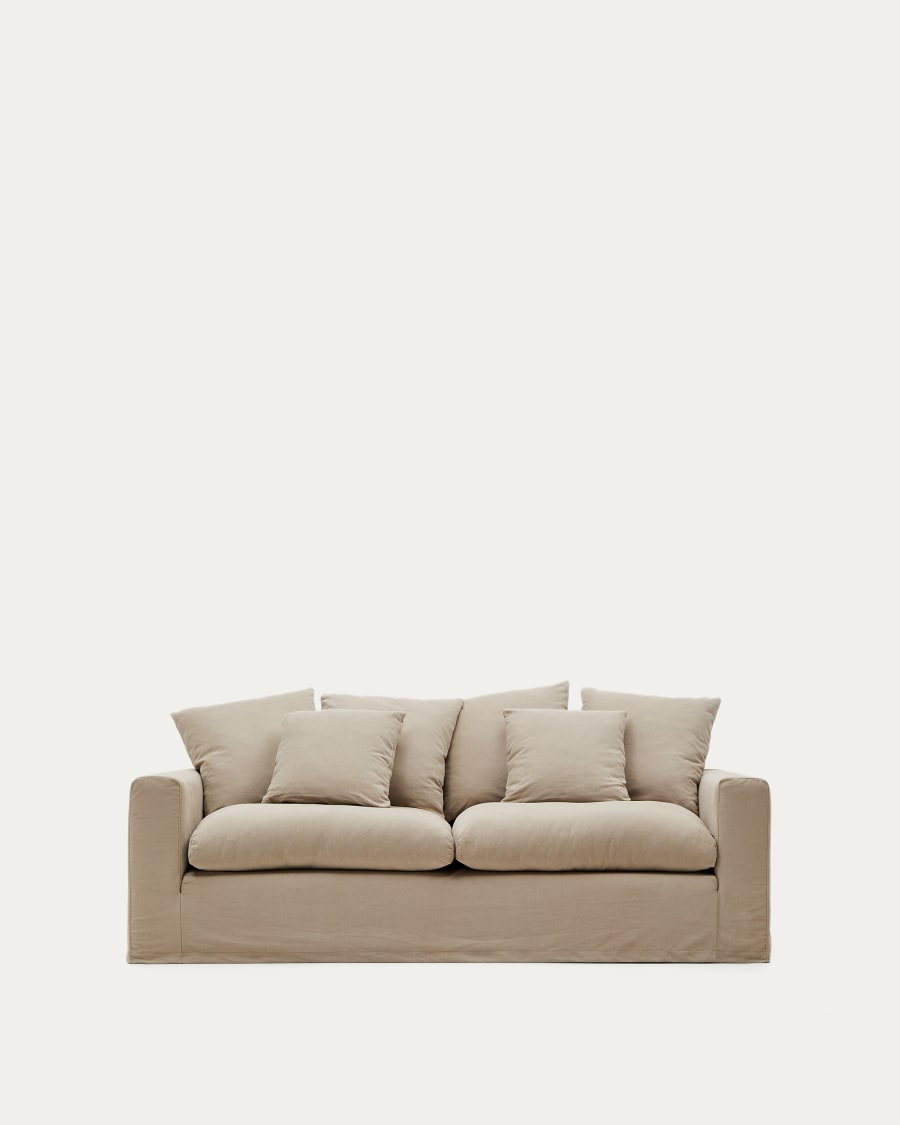 Nora 3-seater sofa with taupe linen and cotton cushions 240 cm