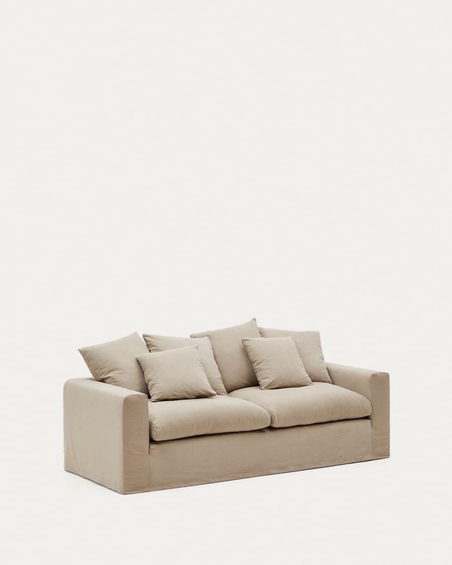 Nora 3-seater sofa with taupe linen and cotton cushions 240 cm