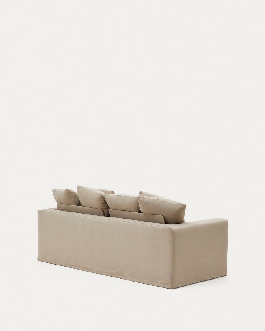 Nora 3-seater sofa with taupe linen and cotton cushions 240 cm