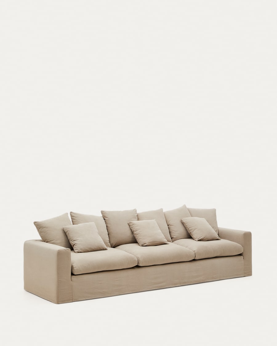 Nora 4-seater sofa with a removeable cover and taupe linen and cotton cushions 340 cm