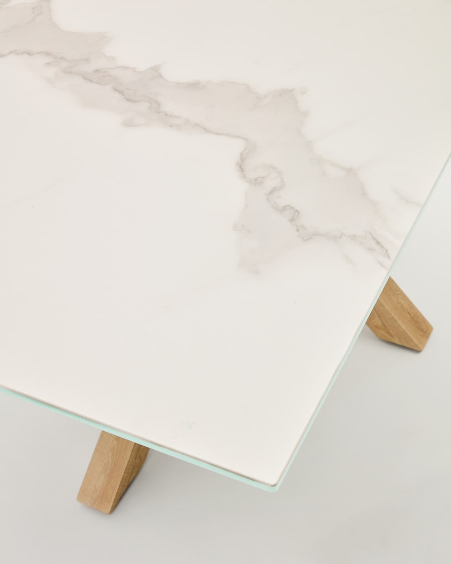 Argo table in white Kalos porcelain and wood-effect steel legs 180 x 100 cm