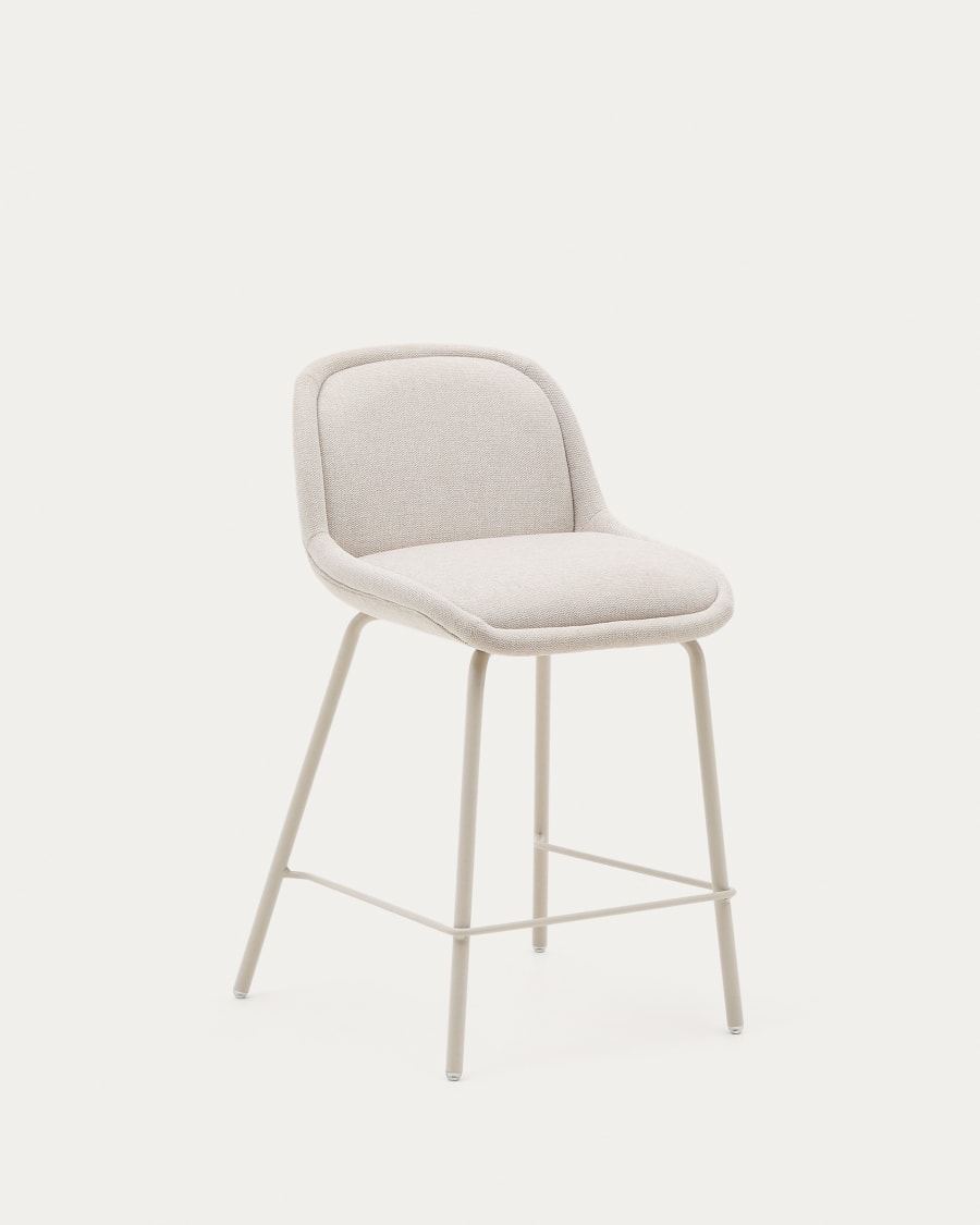 Aimin stool in beige chenille fabric with steel legs in a beige paint  finish 65 cm FSC Mix Credit | Kave Home International