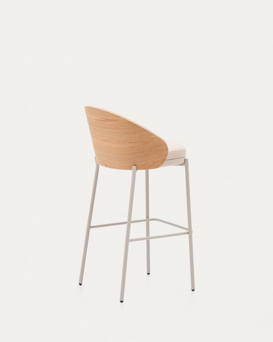 Eamy stool in beige chenille, in a natural finish ash veneer and beige metal and a height of 77 cm