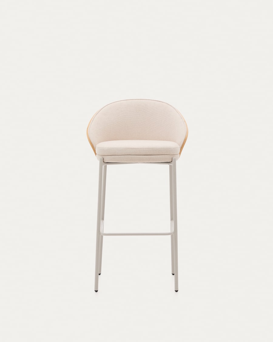 Eamy stool in beige chenille, in a natural finish ash veneer and beige metal and a height of 77 cm