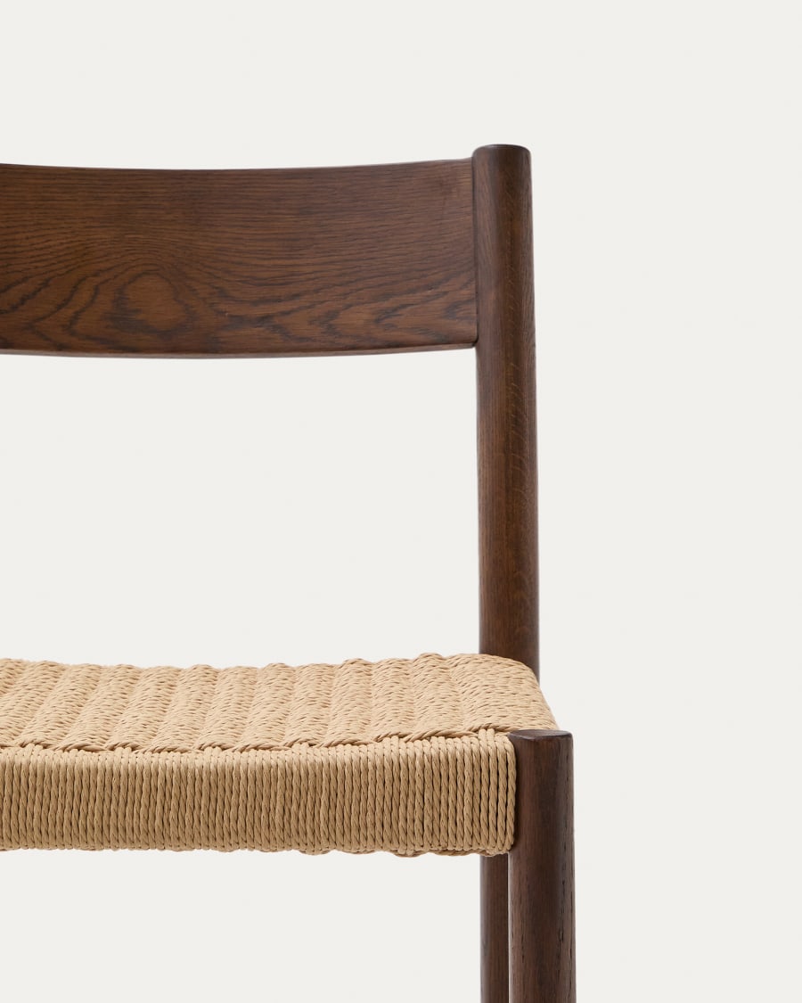 Yalia stool with a backrest in solid oak wood in a walnut finish, and rope cord seat, 65 cm FSC 100%