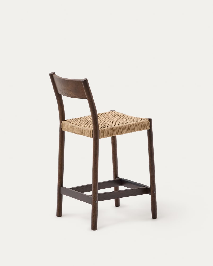 Yalia stool with a backrest in solid oak wood in a walnut finish, and rope cord seat, 65 cm FSC 100%