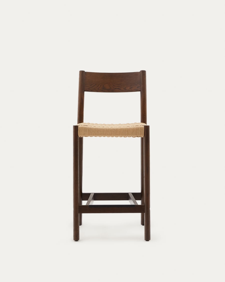 Yalia stool with a backrest in solid oak wood in a walnut finish, and rope cord seat, 65 cm FSC 100%