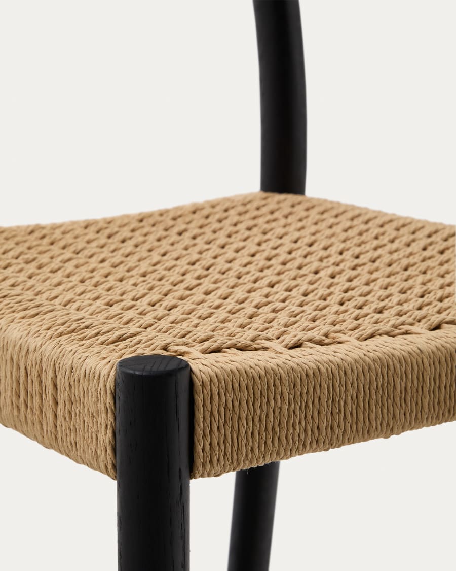 Yalia stool with a backrest in solid oak wood in a black finish, and rope cord seat, 65 cm FSC 100%