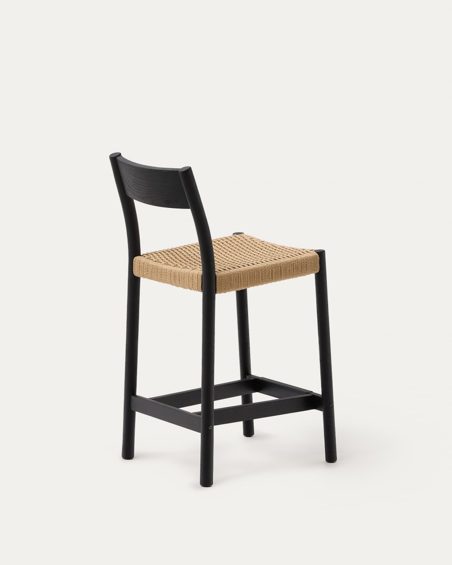 Yalia stool with a backrest in solid oak wood in a black finish, and rope cord seat, 65 cm FSC 100%