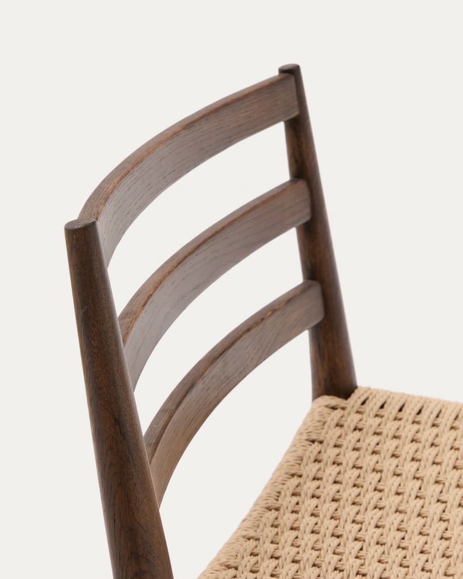 Analy stool with a backrest in solid oak wood in a walnut finish, and rope cord seat, 70 cm FSC 100%