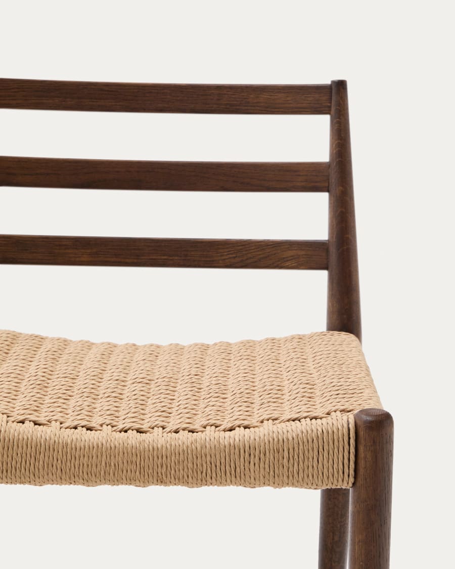 Analy stool with a backrest in solid oak wood in a walnut finish, and rope cord seat, 70 cm FSC 100%