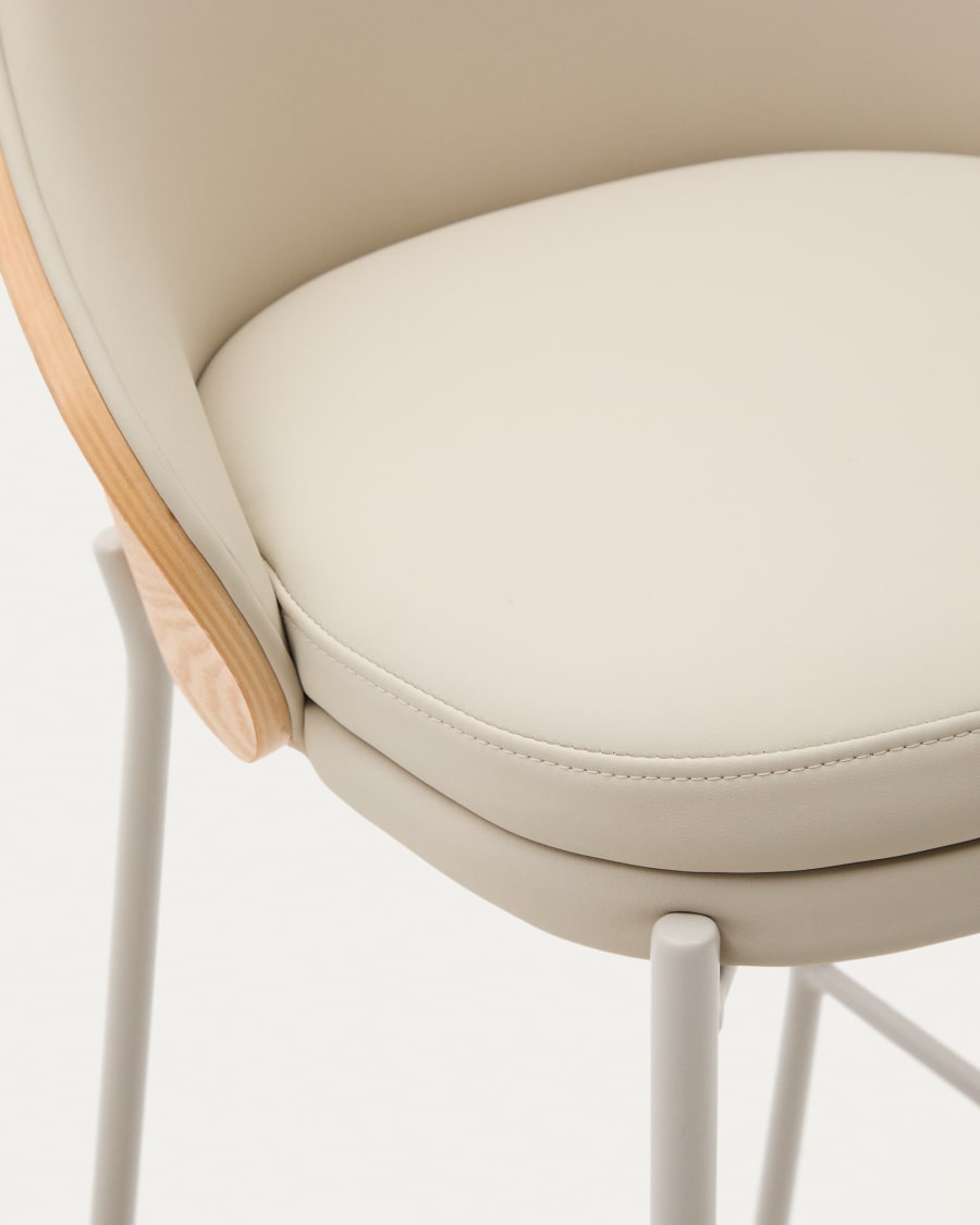 Eamy Hocker aus beigefarbenem Kunstleder, Eschenfurnier naturfarbenes Finish mit Metall 77cm
