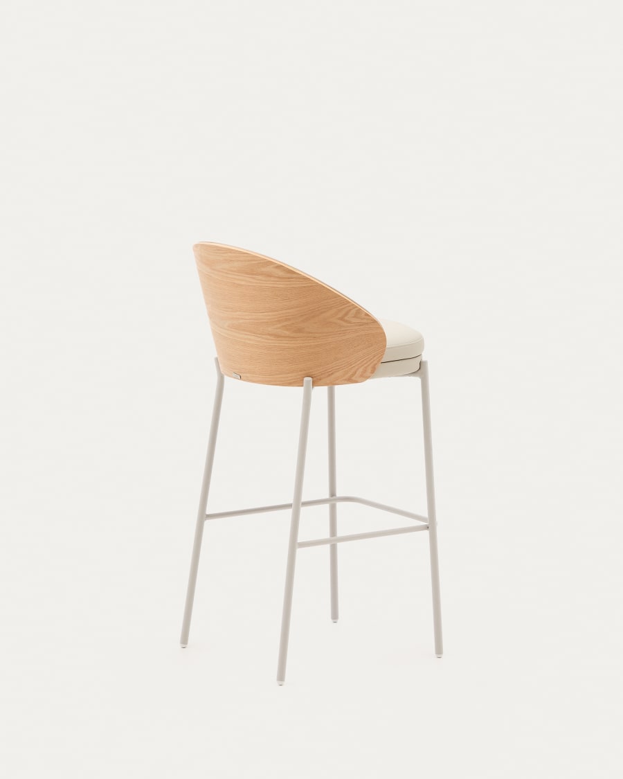 Eamy Hocker aus beigefarbenem Kunstleder, Eschenfurnier naturfarbenes Finish mit Metall 77cm