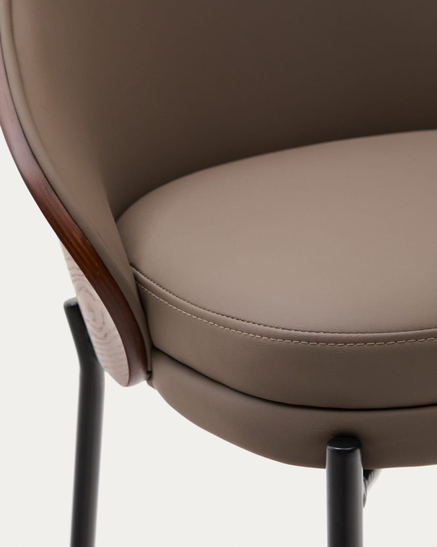 Eamy stool in brown faux leather, ash veneer with walnut finish and brown metal 77 cm
