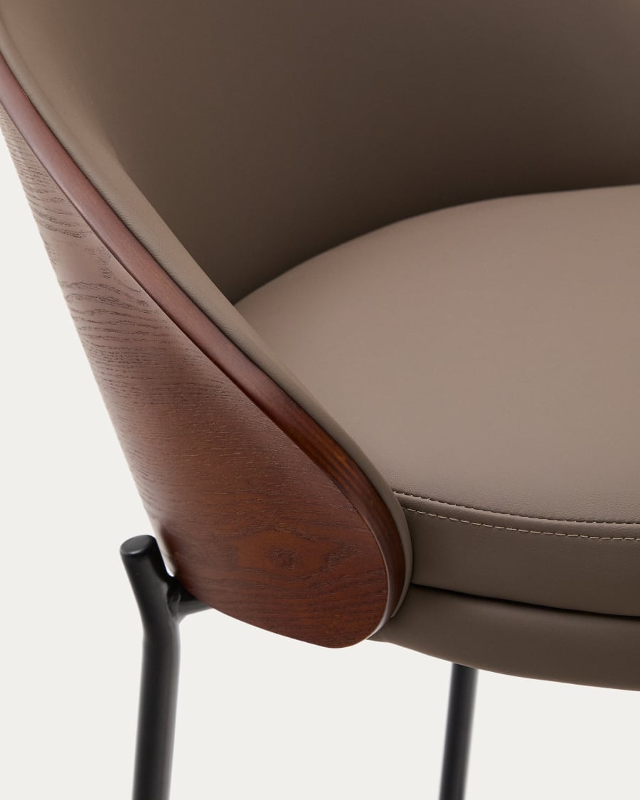 Eamy stool in brown faux leather, ash veneer with walnut finish and brown metal 77 cm