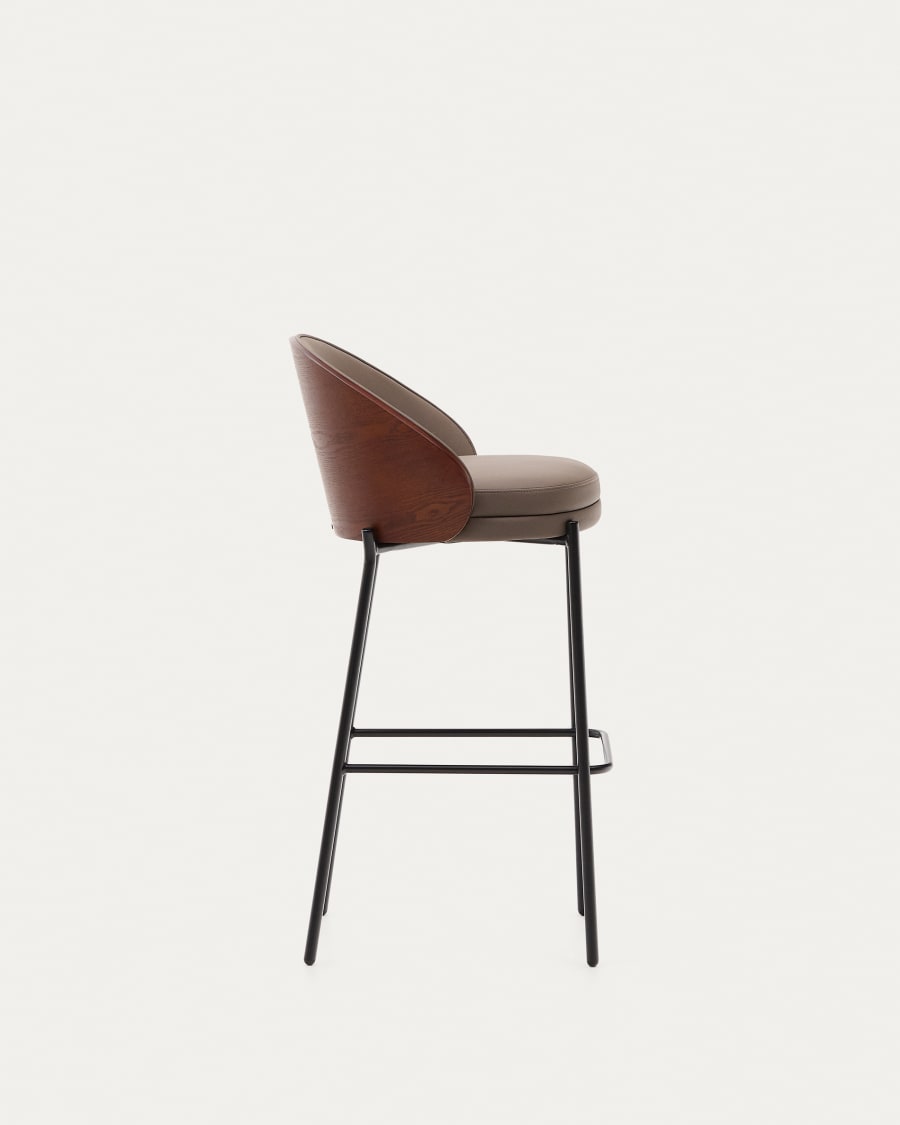 Eamy stool in brown faux leather, ash veneer with walnut finish and brown metal 77 cm