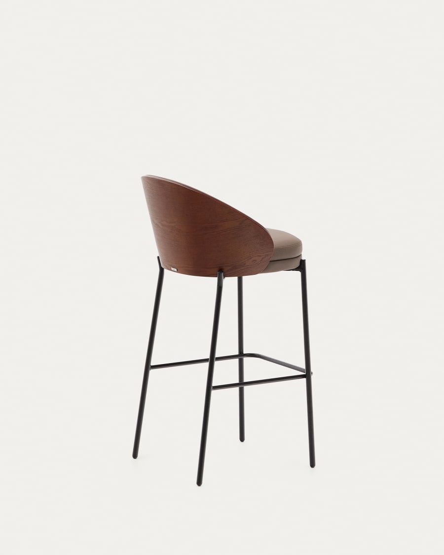 Eamy stool in brown faux leather, ash veneer with walnut finish and brown metal 77 cm