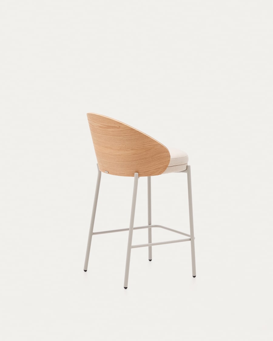 Eamy stool in beige chenille, in a natural finish ash veneer and beige metal and a height of 65 cm