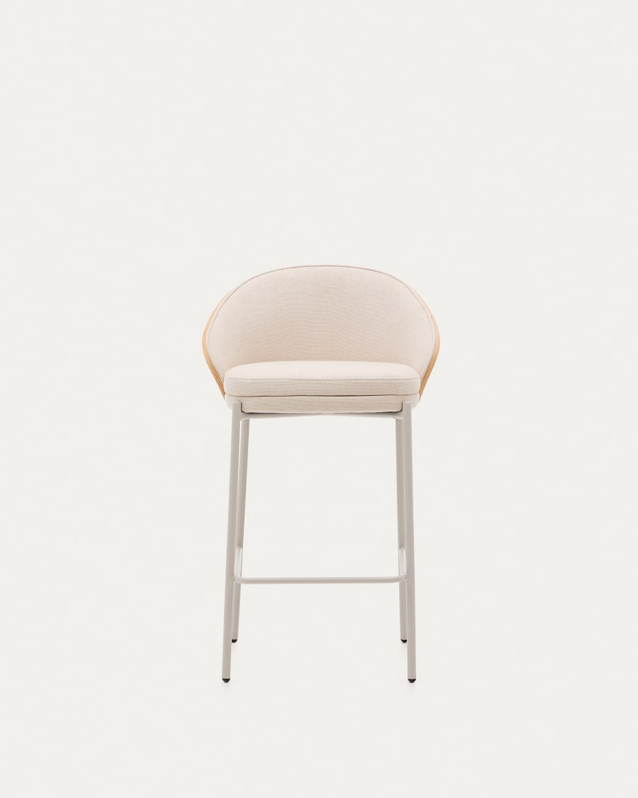 Eamy stool in beige chenille, in a natural finish ash veneer and beige metal and a height of 65 cm