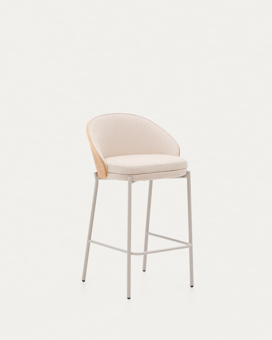 Eamy stool in beige chenille, in a natural finish ash veneer and beige metal and a height of 65 cm
