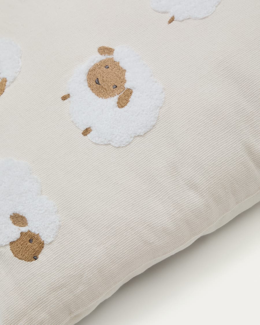 Milu cushion cover in beige cotton with sheep embroidery feature, 45 x 45 cm