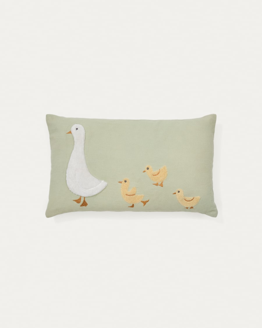 Milu cushion cover in green cotton with a goose embroidery feature, 30 x 50 cm