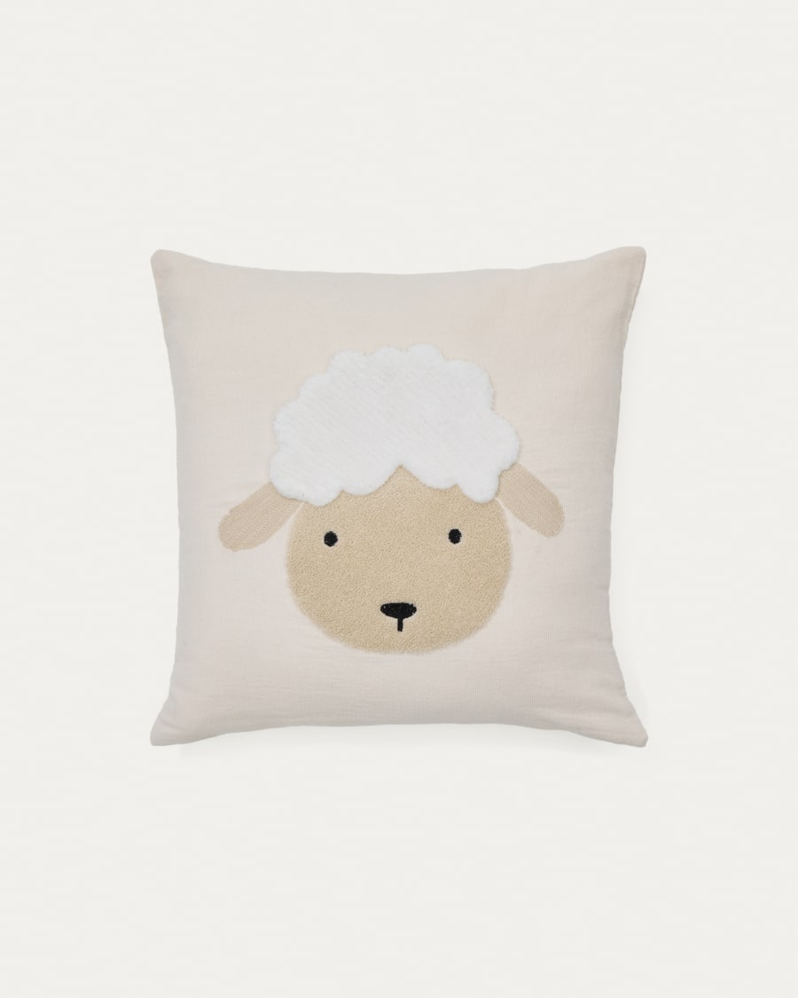 Milu cushion cover in beige cotton with a sheep embroidery feature, 45 x 45 cm