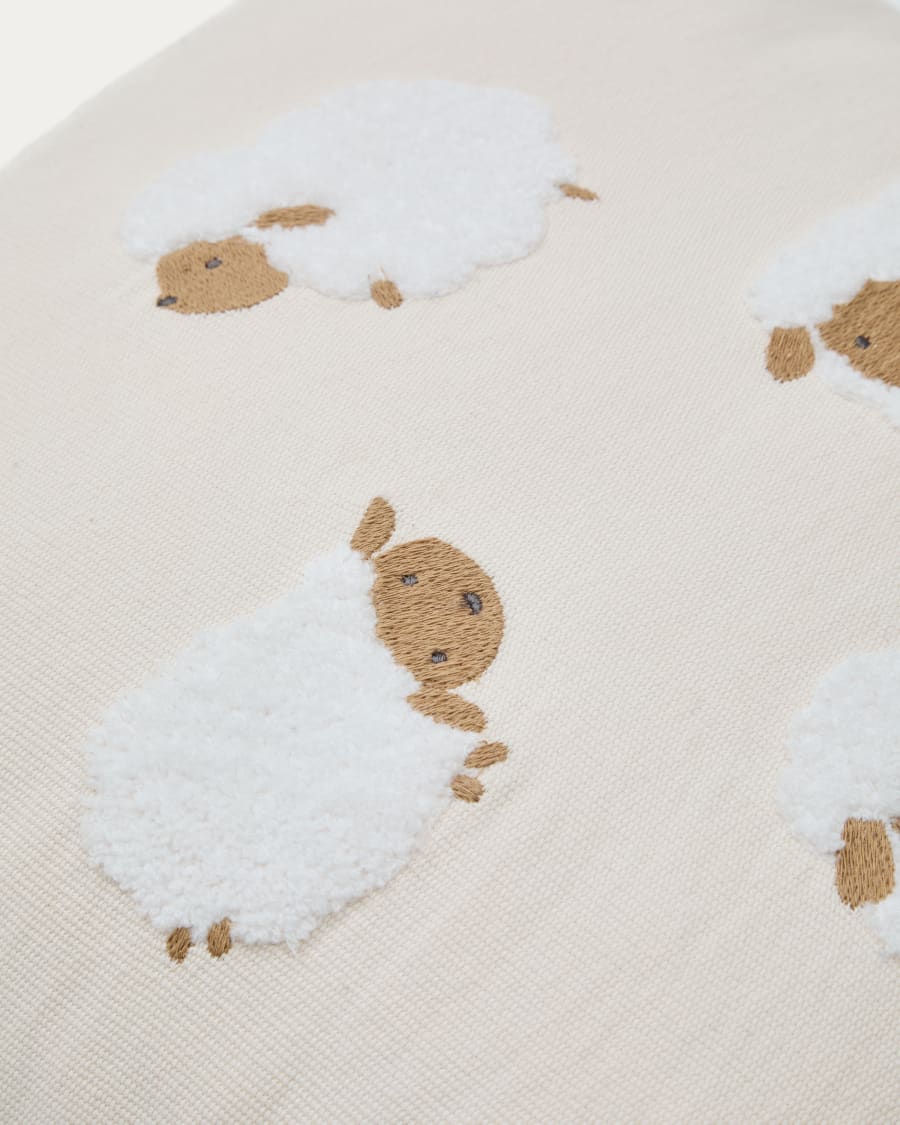 Milu cushion cover in beige cotton with sheep embroidery feature, 45 x 45 cm