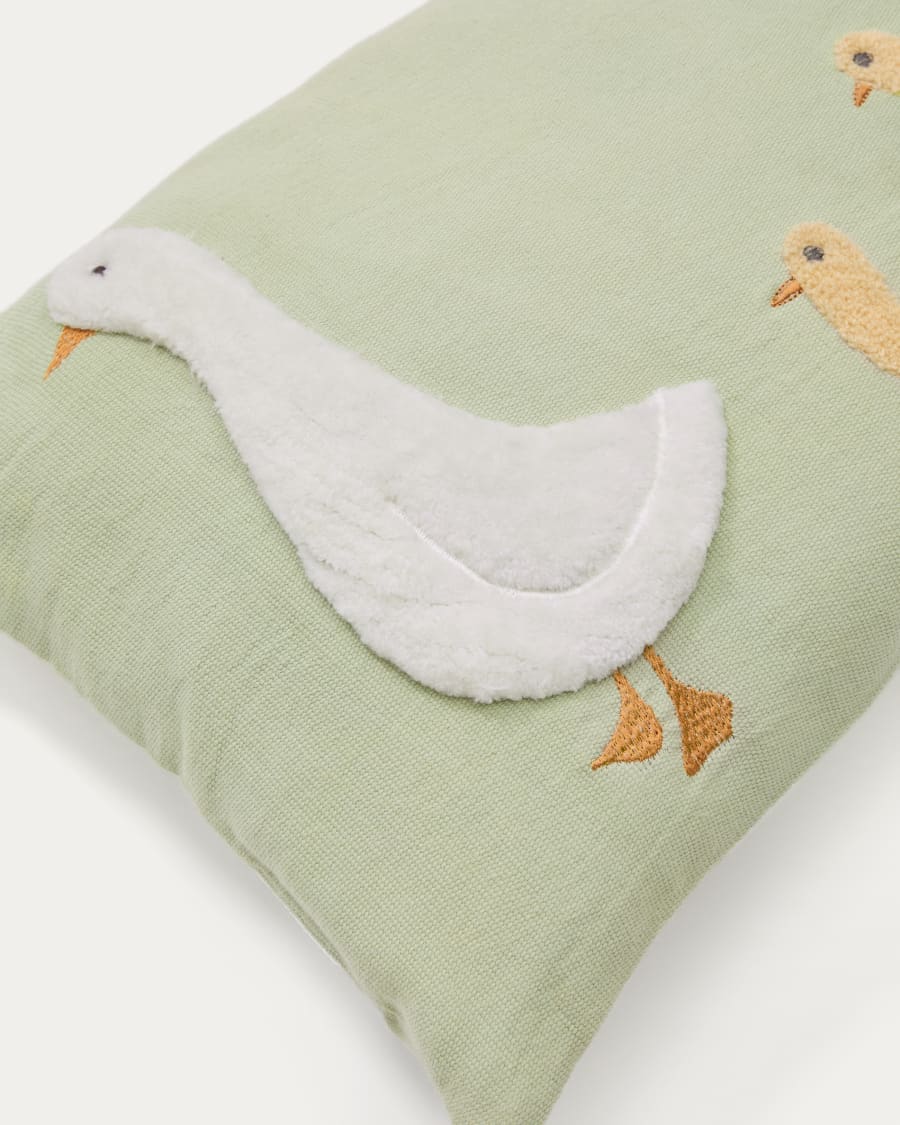 Milu cushion cover in green cotton with a goose embroidery feature, 30 x 50 cm