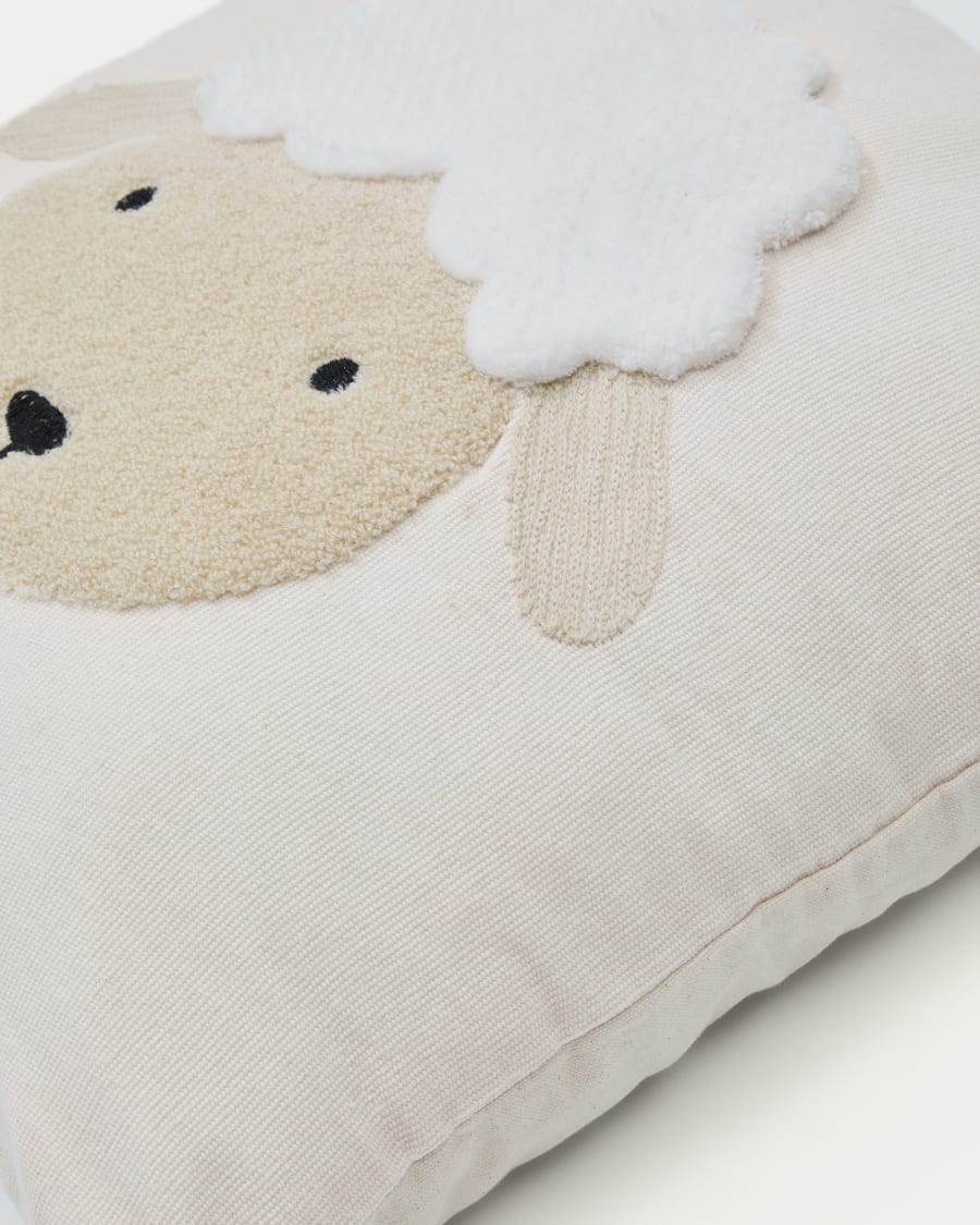Milu cushion cover in beige cotton with a sheep embroidery feature, 45 x 45 cm
