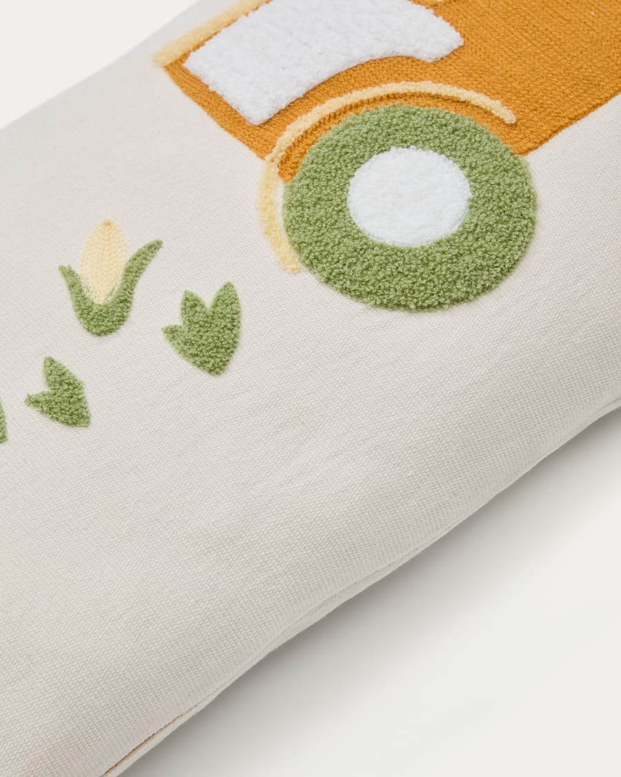 Pecky cushion cover in beige cotton with a tractor embroidery feature, 30 x 50 cm