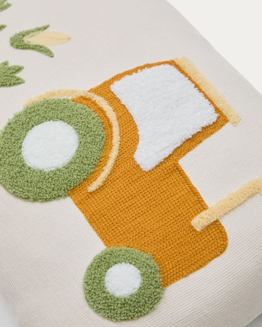 Pecky cushion cover in beige cotton with a tractor embroidery feature, 30 x 50 cm
