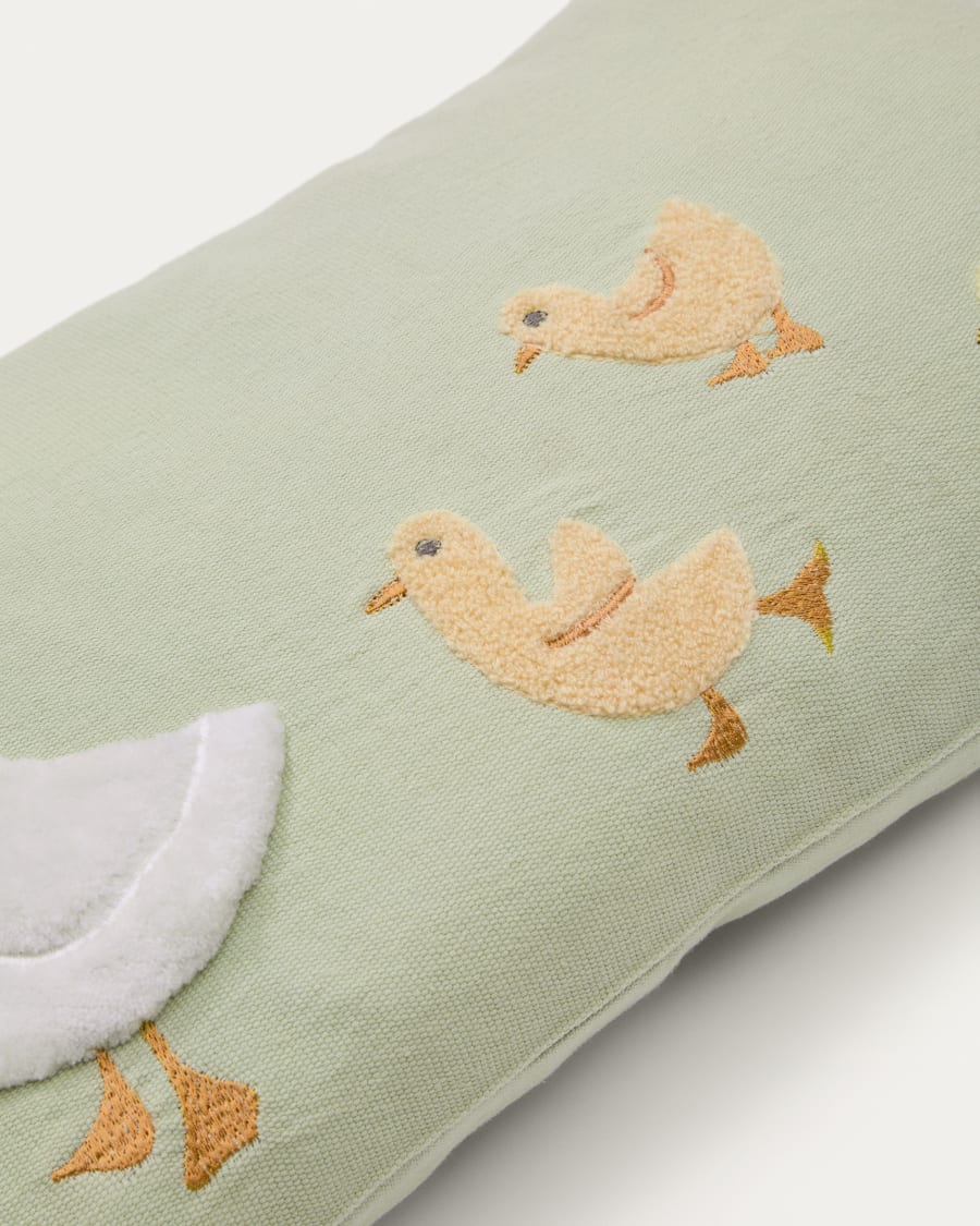 Milu cushion cover in green cotton with a goose embroidery feature, 30 x 50 cm