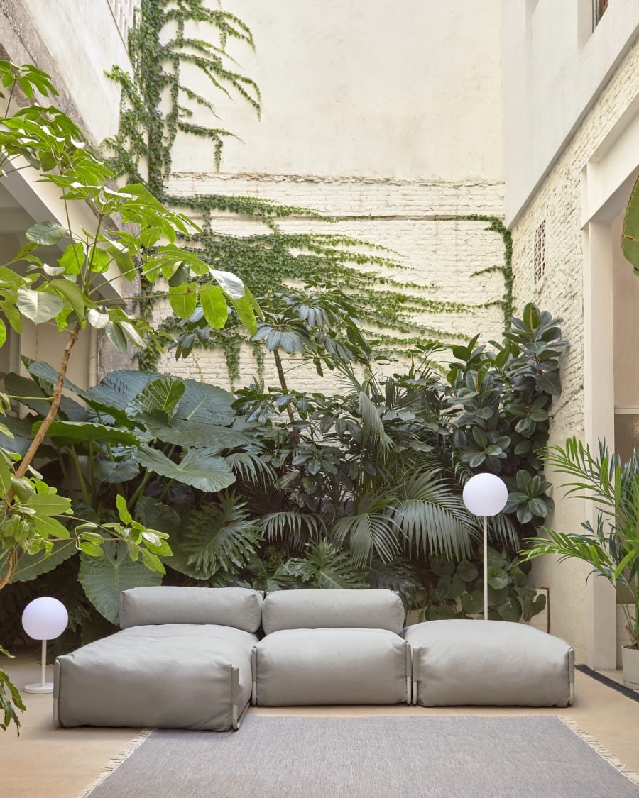 Square modular 100% outdoor sofa pouffe in light grey with white aluminium, 101 x 101 cm