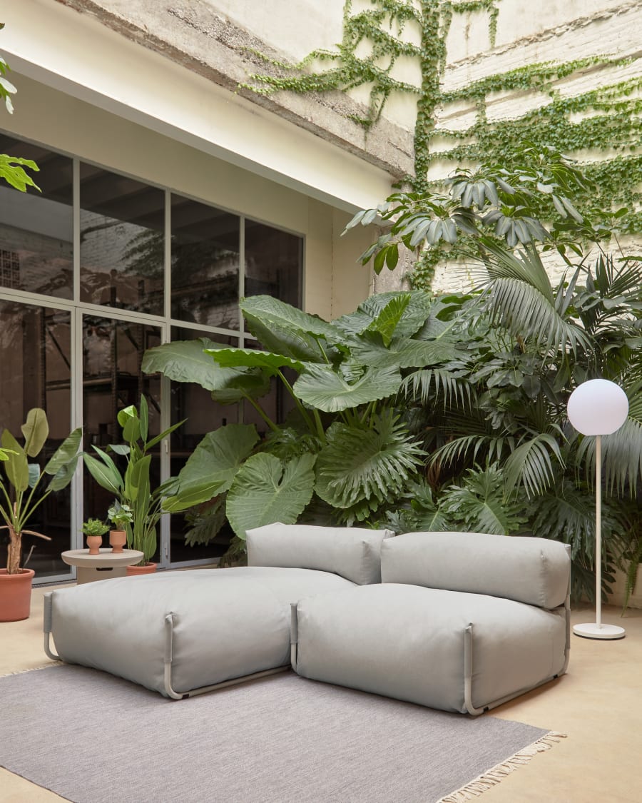 Square modular 100% outdoor sofa pouffe w/ backrest, light grey, white aluminium 101x101cm
