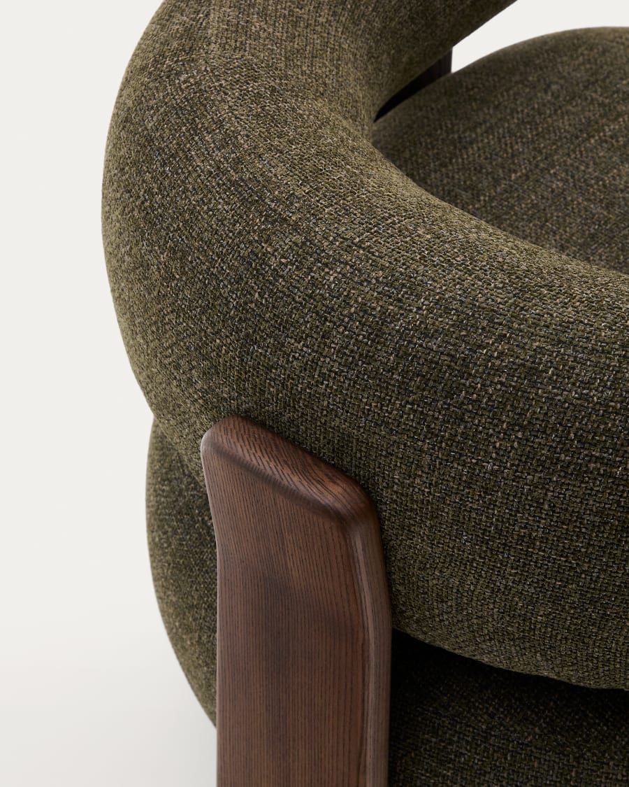 Granite green chenille armchair with solid ash wood legs in a walnut finish FSC 100%