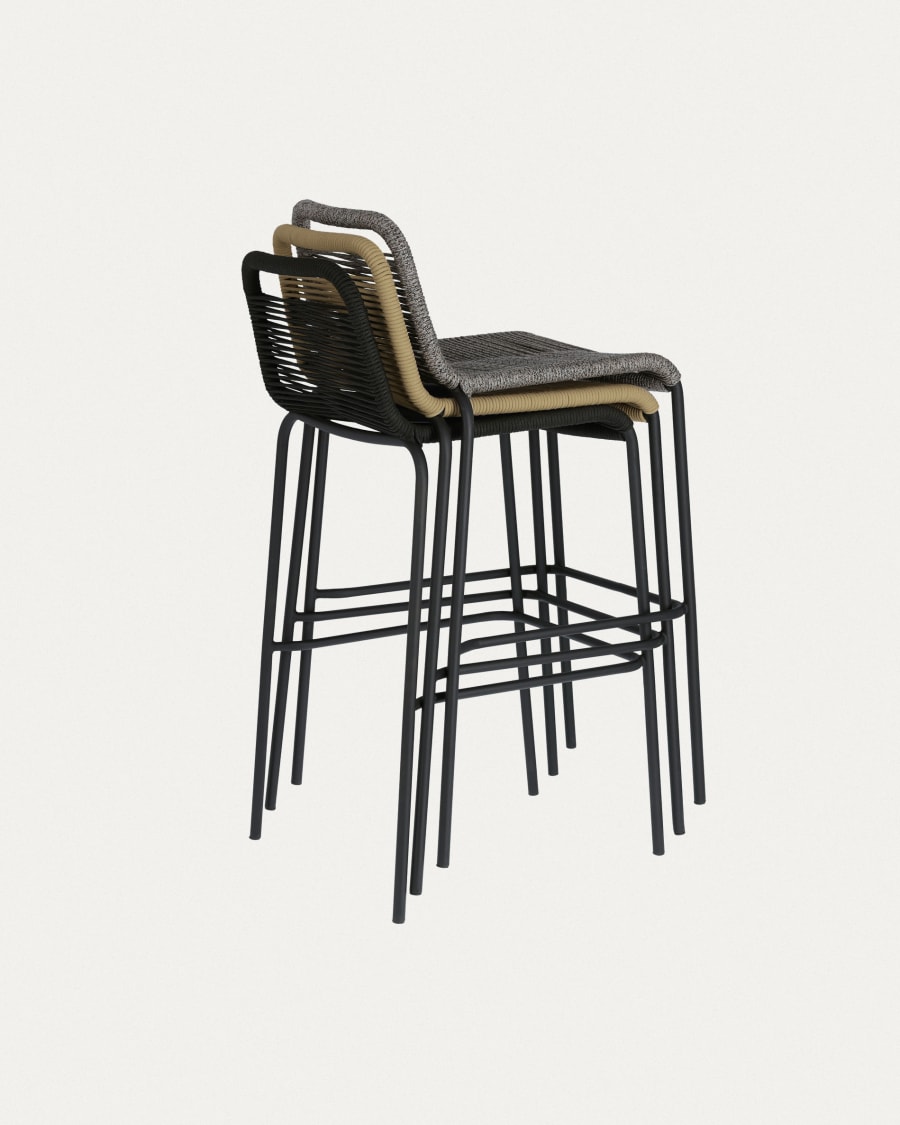 Lambton stackable stool in black rope and black finish steel, 74 cm