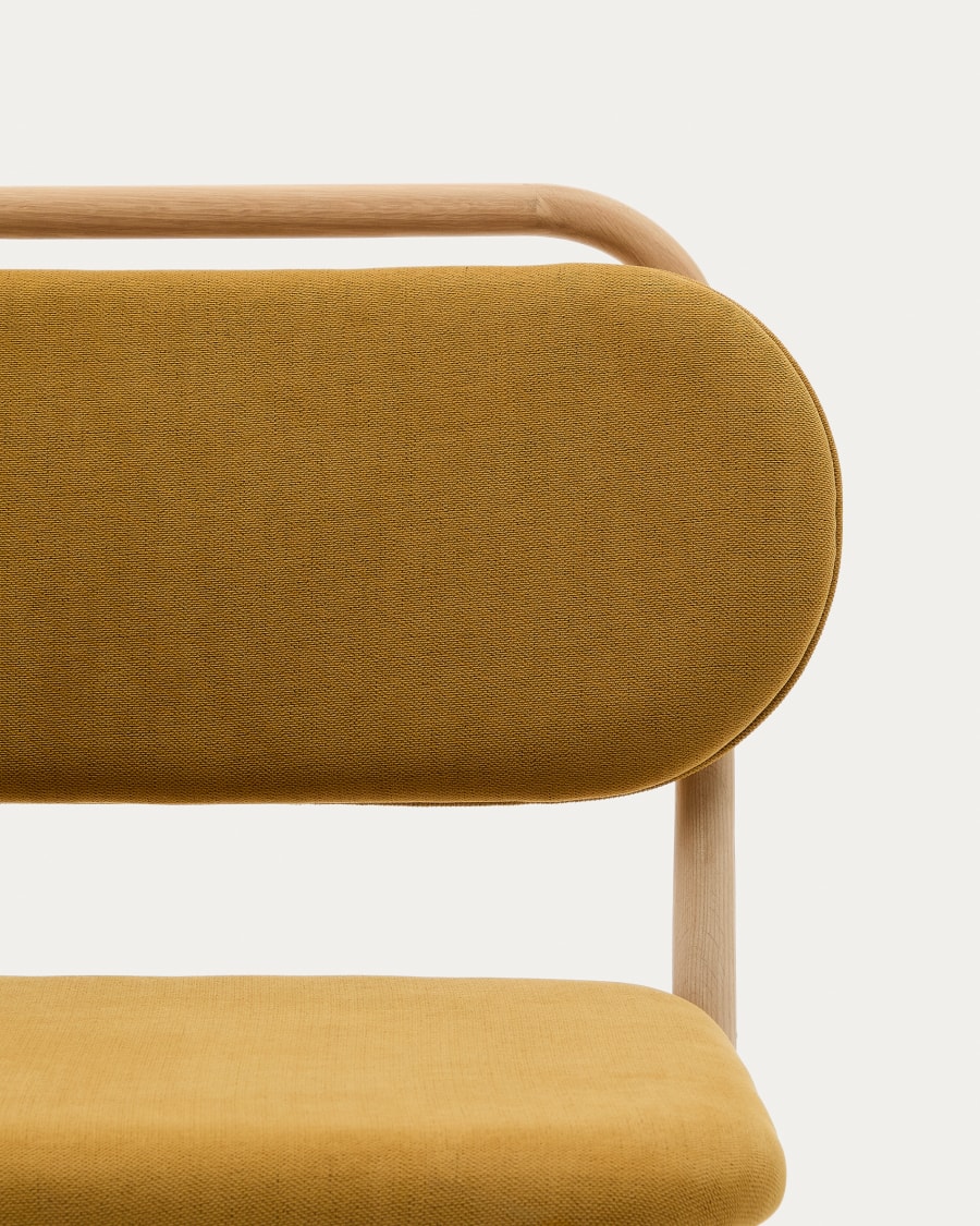 Helda armchair in mustard-coloured chenille and FSC Mix Credit solid oak wood