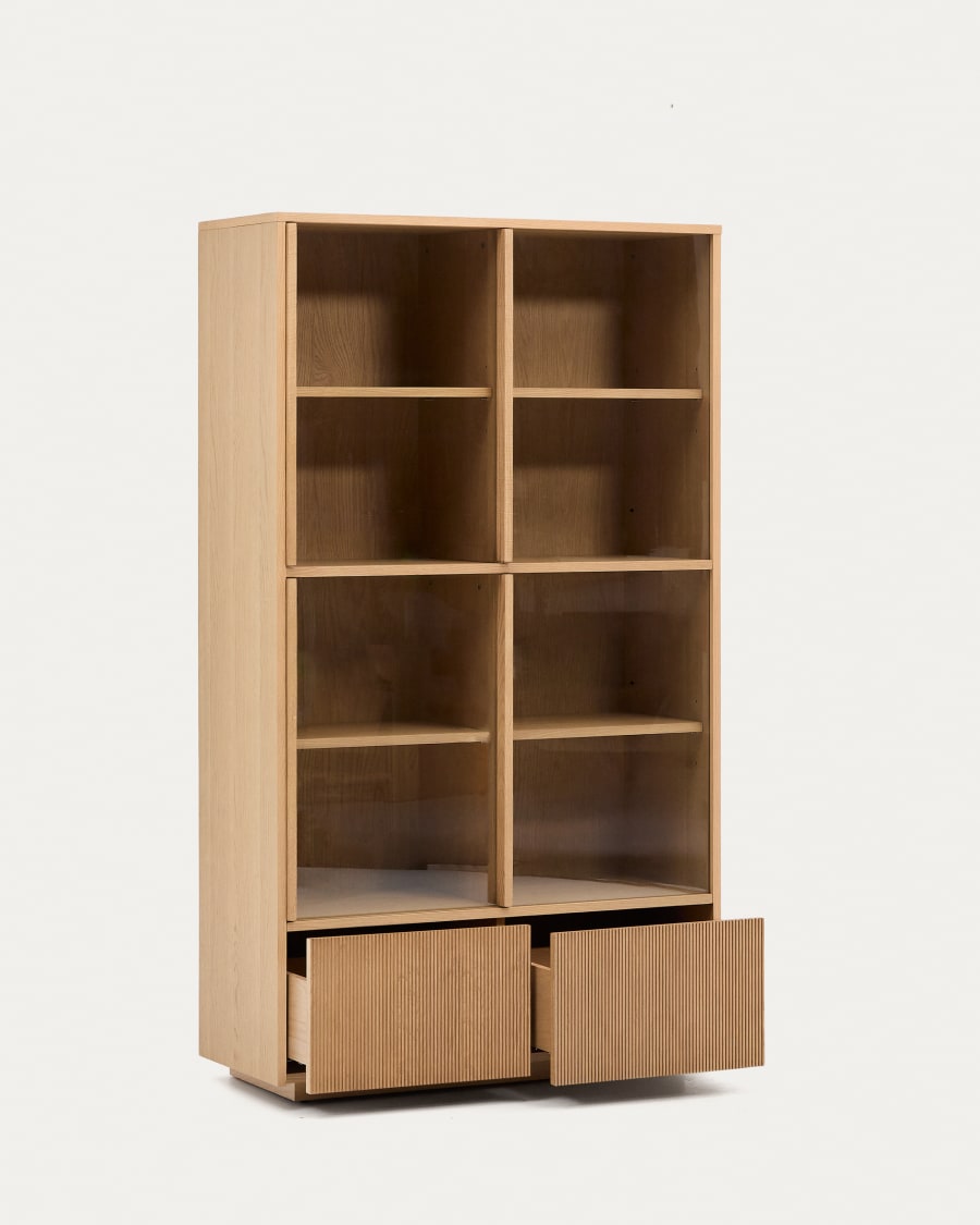 Helvine display cabinet 4 doors 2 drawers oak veneer and tempered glass 100 x 174 cm FSC 100%